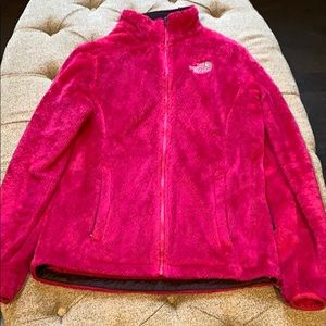 Pink, fuzzy north face fleece jacket